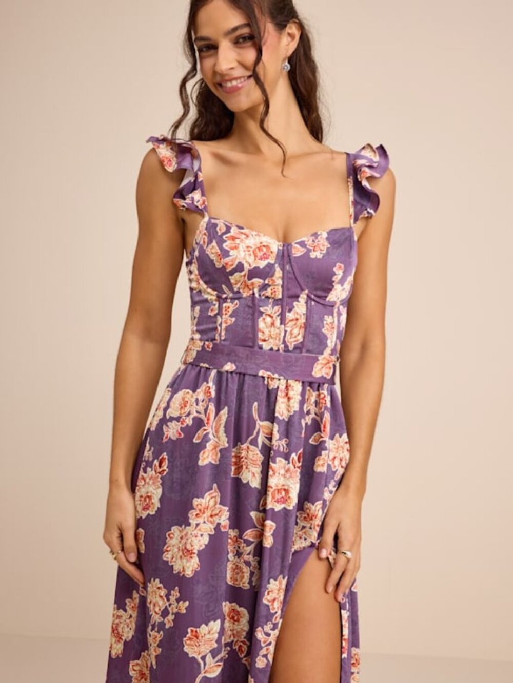 Lulus Sweet Like Sangria Purple Floral Ruffled Bustier Midi Dress - Size XS - Picture 1 of 1